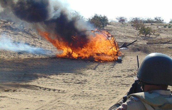 The Egyptian army destroys a hideout used by extremists in the Sinai desert. [Photo courtesy of the Egyptian armed forces]