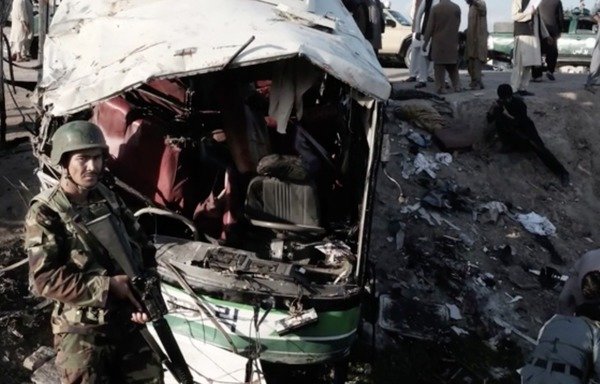A screen shot from a militant video published earlier this year shows the aftermath of a bomb attack in Afghanistan. Afghan officials are blaming Iran for supporting various extremist groups, in particular the Taliban.