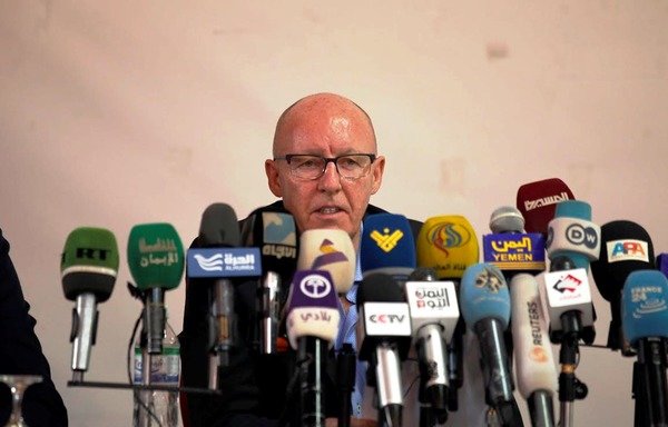 UN Humanitarian Co-ordinator in Yemen Jamie McGoldrick speaks about the country's humanitarian crisis during a March 27th press conference in Sanaa. [Photo courtesy of Mohamed Hwais]