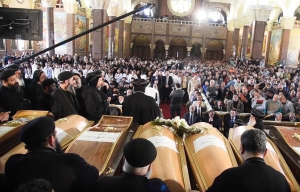 Prayers are recited over the coffins of the victims of the 'Islamic State of Iraq and the Levant' following an April 9th attack on St. Mark's Coptic Church in Alexandria. [Mina Magdi/Al-Mashareq]