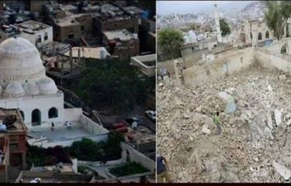 The shrine and mosque of prominent Sufi scholar Ali al-Rumaimah is shown before and after the 'Islamic State of Iraq and the Levant' attacked it on March 31st. [Photo courtesy of the Yemeni Ministry of Culture]