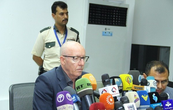 UN Humanitarian Co-ordinator in Yemen Jamie McGoldrick describes the "triple threat" of conflict, starvation and cholera Yemen is now facing at a Thursday (July 6th) press conference in Sanaa. [Photo courtesy of Farouk Kamali]