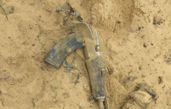 The remnants of a weapon carried by an 'Islamic State of Iraq and Syria' suicide bomber lie in the dust in North Sinai after he was killed by Egyptian forces. [Photo from the Egyptian Army Spokesman's Facebook page]
