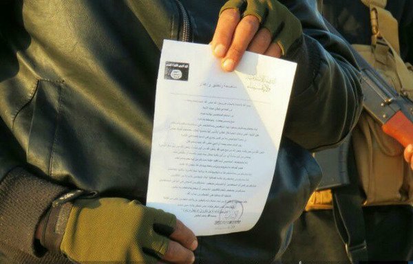 A photo released by the 'Islamic State of Iraq and Syria' shows the statement the group's militants have been distributing in North Sinai that call on local residents to join the group. [Photo circulated on social media accounts]