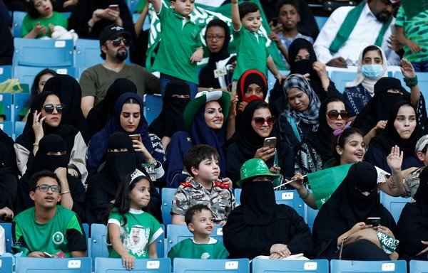 A group of Saudi women attend a sports match for the first time at King Fahd International Stadium in Riyadh on the occasion of National Day celebrations. [Photo circulated on social media]