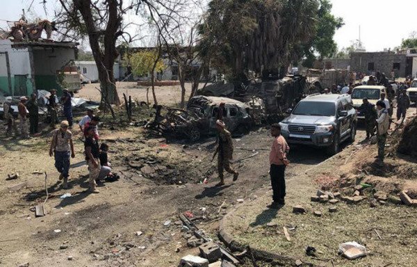 Yemeni security forces inspect the damage in the aftermath of an attack claimed by the 'Islamic State of Iraq and Syria' in Aden, on November 5th. [Stringer/AFP]