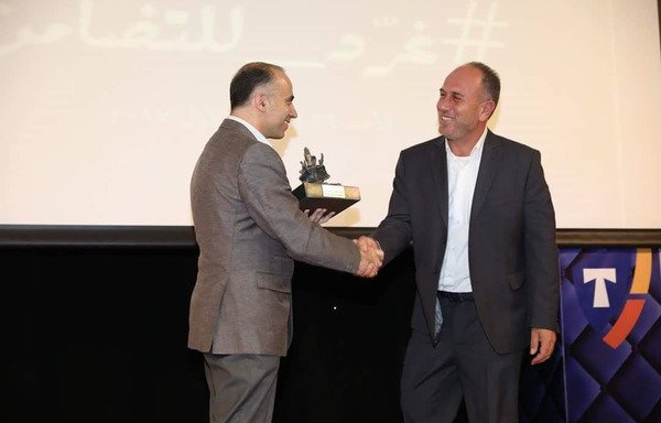 Abdul Rahim Hassian (R) receives the 2017 Spiritual Solidarity award from Adyan President Father Fadi Daou in Ajaltoun on October 29th. [Photo courtesy of Abdul Rahim Hassian]