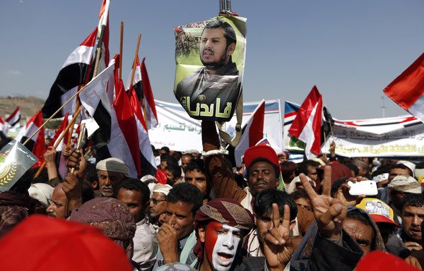 Supporters of Yemen's Iran-backed Houthis gather in Sanaa on September 21st to mark the third anniversary of the Houthi takeover. [Mohammed Huwais/AFP]
