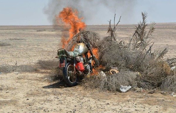 The Egyptian army attacked two 'Islamic State of Iraq and Syria' hideouts in central Sinai and destroyed a motorcycle and a four-wheel drive vehicle. [Photo from the Egyptian army spokesman Col. Tamer al-Refai Facebook page]