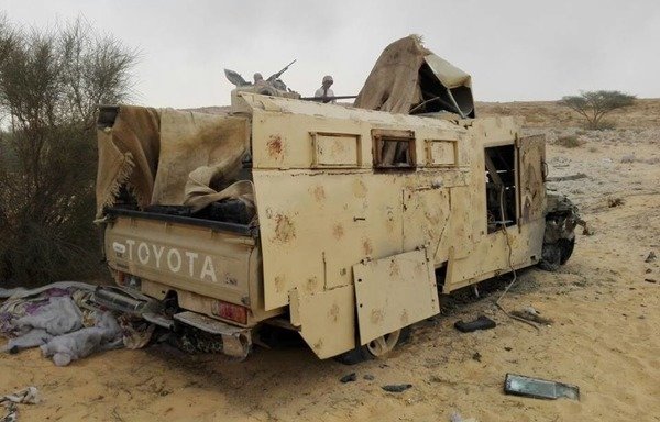 Egyptian forces destroyed a vehicle used by extremists in an operation against their hideouts in North Sinai. [Photo from the Facebook page of Army spokesman Col. Tamer al-Refai]