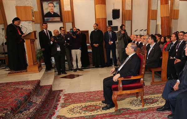 Lebanese President Michel Aoun is seen during a visit to the Church of Our Lady of Salvation in Baghdad's Karrada neighbourhood on February 20th. [Sabah Arar/AFP]
