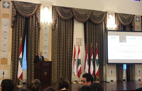 Minister of State for Displaced Affairs Mouin al-Merhebi speaks at the 'Girls for Change’ launch on March 29th. The project is helping Syrian and Palestinian refugees and Lebanese girls make their voices heard through film. [Nohad Topalian/Al-Mashareq]