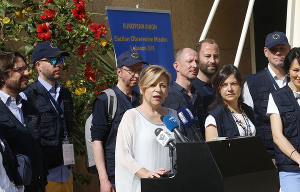 Chief Observer of the EU's Election Observation Mission to Lebanon 2018 Elena Valenciano gives a press conference in Beirut on May 4th ahead of the country's parliamentary elections on May 6th. [Anwar Amro/AFP]