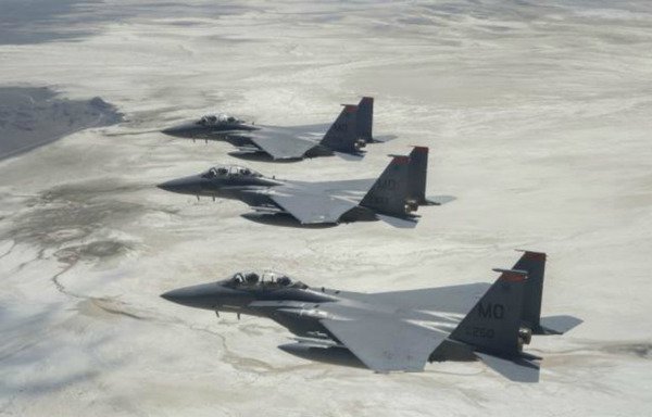 Coalition F-15E aircraft play an important role in security operations along the Iraq-Syria border, where Iraqi forces and the Syrian Democratic Forces are battling the last 'Islamic State of Iraq and Syria' holdouts. [File]