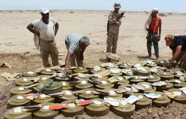 Yemeni forces inspect unexploded ordnance confiscated from al-Qaeda in Lahj province in this file photo from April 29th, 2016. [Saleh al-Obeidi/AFP]