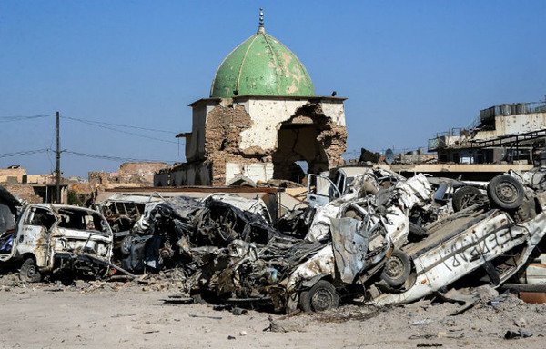 A picture taken on July 9th, 2018 shows a view of the dome of the destroyed al-Nuri Mosque in the Old City of Mosul, a year after the city was retaken by Iraqi forces. [Zaid al-Obeidi/AFP]