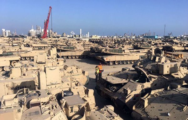 Thousands of military vehicles and tanks arrived at US military bases in Kuwait in early March to help boost regional security against potential threats. [Photo from Task Force Spartan's Facebook page]