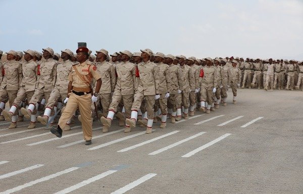 Members of the Yemeni security forces march in formation during an April 24th military parade in al-Mukalla to celebrate the ouster of al-Qaeda. [Photo courtesy of 2nd Military Zone]