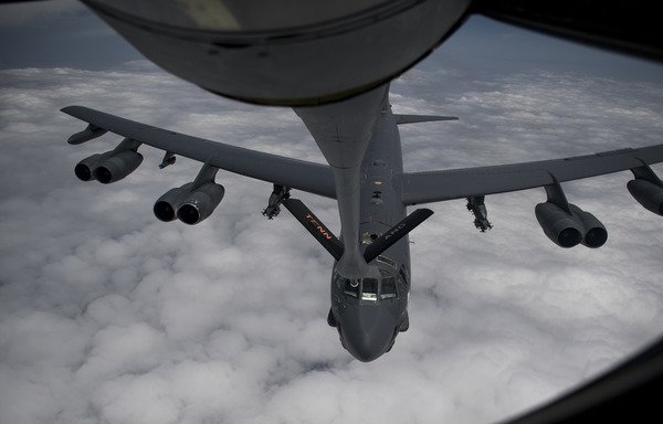 A US B-52H Stratofortress aircraft refuels from a KC-135 Stratotanker at an undisclosed location in south-west Asia, May 12th, 2019. [US Air Force]