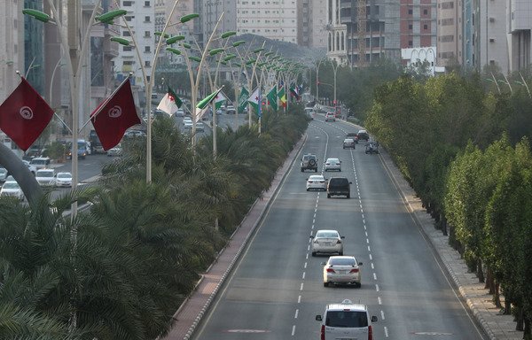 أعلام من بلدان مختلفة في هذه الصورة في مدينة مكة المكرمة قبيل انعقاد قمم الجامعة العربية ومجلس التعاون الخليجي ومنظمة التعاون الإسلامي يومي 30-31 أيار/مايو. [بندر الدندني/وكالة الصحافة الفرنسية]