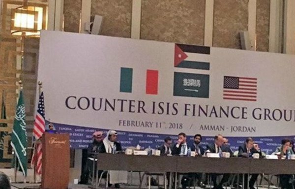 Counter ISIS Finance Group (CIFG) members states and observers meet to discuss ways to dismantle ISIS's sources of funding and financing, in Amman on February 11th, 2018. [Photo from the Global Coalition Twitter page]