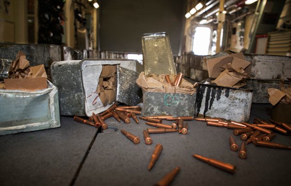 HMAS Ballarat seized nearly half a million rounds of small arms ammunition and 697 bags of chemical fertiliser during a boarding of a vessel in international waters in the Arabian Sea in late June 2019. [Photo courtesy of the Australian Defence Force]