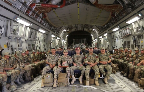 Jordanian army officers and soldiers take their seats inside a military plane during a recent drill with the UAE. [Photo courtesy of the Jordanian Armed Forces]