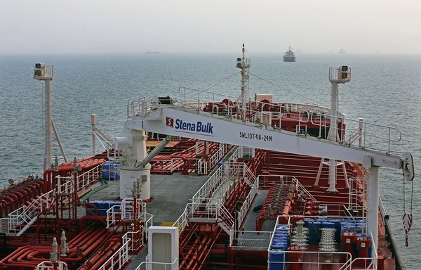 A picture taken on July 21st shows the British-flagged tanker Stena Impero anchored off the Iranian port city of Bandar Abbas. [Hasan Shirvani/MIZAN NEWS AGENCY/AFP]