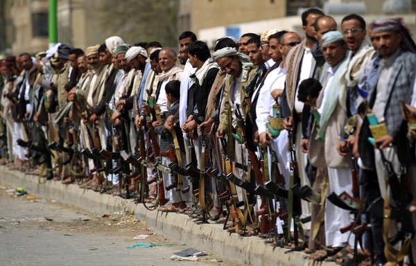 Supporters of the Houthis rally in Sanaa on June 25th, 2018, in support of the Iran-backed militia's engagement in battles against Arab coalition in the Red Sea port city of al-Hodeidah. [Mohammed Huwais/AFP]