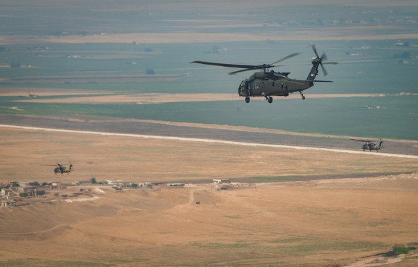 US Army UH-60 Black Hawk helicopters conduct a joint aerial patrol of the 'safe zone' over north-east Syria with Turkish military helicopters on September 5th. The safe zone is intended to address Turkish security concerns, maintain security in north-east Syria so ISIS cannot reemerge, and allow the coalition to remain focused on achieving the enduring defeat of ISIS. [US EUCOM]