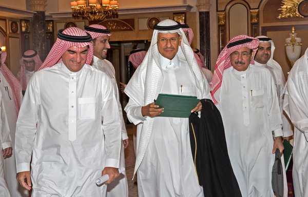 Saudi Arabia's Energy Minister Prince Abdulaziz bin Salman (centre) arrives for a press conference in the Red Sea coastal city of Jeddah on Tuesday (September 17th). The kingdom was Wednesday set to unveil evidence linking Iran to attacks on key oil installations. [AFP]