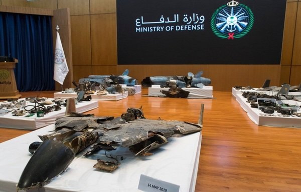 The remnants of an Iranian Delta Wing unmanned aerial vehicle that struck a Saudi oil installation are displayed at a Wednesday (September 18th) press conference in Riyadh. [Photo courtesy of Saudi Ministry of Defence]