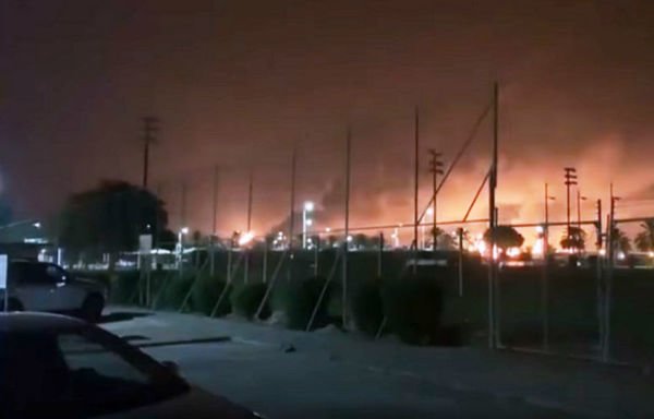 A fire blazes at the Saudi Aramco facility in Khurais in the aftermath of the Saturday (September 14th) attack. [Screenshot of a YouTube video recorded by a Saudi citizen]