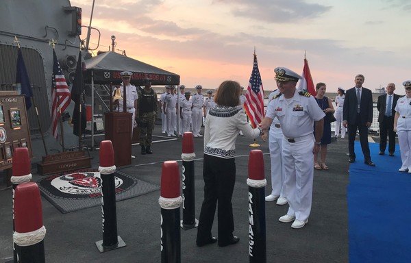 US Ambassador to Lebanon Elizabeth Richard and Vice Admiral James Malloy host a reception for US and Lebanese officials on board the USS Ramage on September 14th. [Photo courtesy of the US Embassy in Beirut]