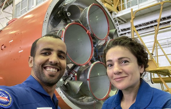 UAE astronaut Hazzaa al-Mansoori and NASA's Jessica Meir take a selfie on September 21st, four days before their launch into space. [Jessica Meir/Twitter]