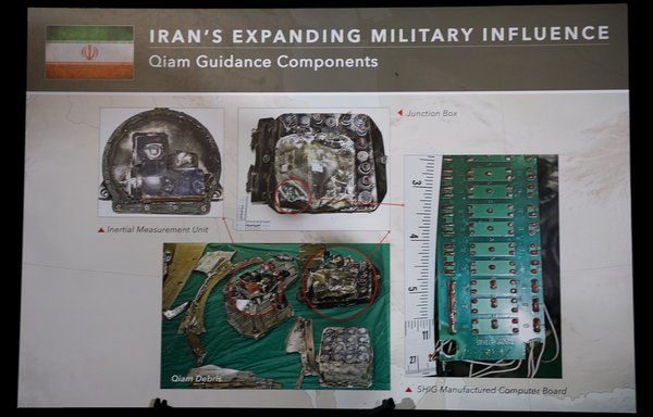 Parts of the guidance system to an Iranian Qiam ballistic missile are displayed at a military base in Washington on December 14th, 2017. Then-US Ambassador to the UN Nikki Haley unveiled information intending to prove Iran violated UNSCR 2231 by providing arms to the Houthis. [Jim Watson/AFP]
