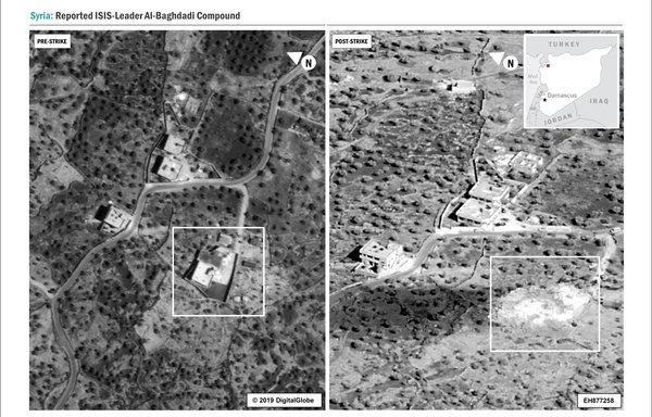 A side-by-side comparison of the compound occupied by Abu Bakr al-Baghdadi before and after the October 26th raid by US special operations forces showing no collateral damage to adjacent structures. [US Department of Defence]