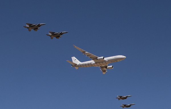 Saudi Air Force military aircraft fly in formation during a training exercise in the Gulf region. [Photo courtesy of Saudi Ministry of Defence]
