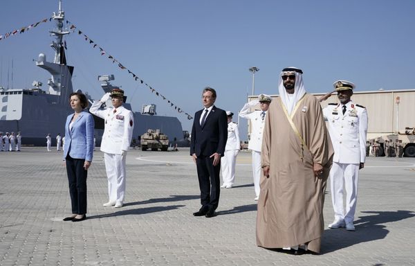 French Defence Minister Florence Parly stands with senior officials at the French military base in Abu Dhabi during a recent visit to the UAE. [Photo via Florence Parly's Twitter account]