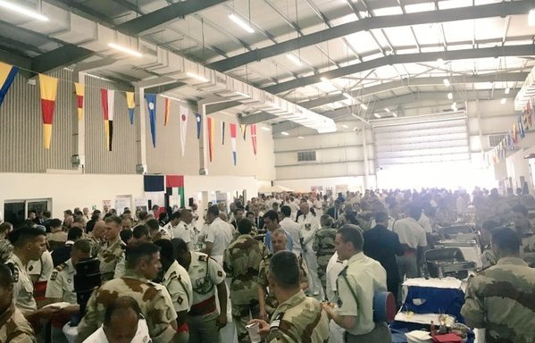 Emirati and French soldiers gather at the military naval base in Abu Dhabi during the 10th anniversary celebration of the original bilateral defence agreement between the UAE and France. [Photo via French Ambassador to the UAE Ludovic Pouille's Twitter account]