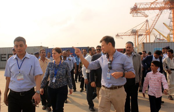 Representatives of the UN Redeployment Co-ordination Committee arrive to attend a joint meeting with representatives of the Yemeni government and the Houthis in the port city of al-Hodeidah on September 8th. [STR/AFP]
