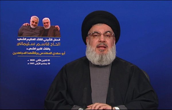 Hizbullah leader Hassan Nasrallah eulogizes IRGC-QF commander Qassem Soleimani and Abu Mahdi al-Muhandis, both killed in a January 3rd US strike in Baghdad. [Photo circulated on social media]