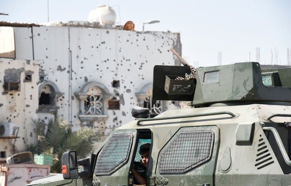 A picture taken on October 1st, 2017, during a tour guided by Saudi authorities shows a military vehicle in the town of Awamiya in the eastern Qatif region, after nearly two months of a security campaign against gunmen in the town. [Fayez Nureldine/AFP]