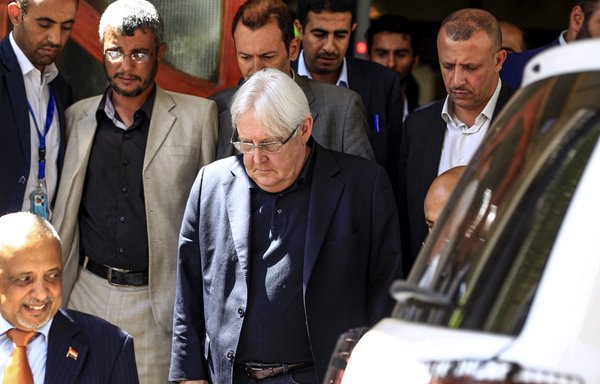 UN special envoy for Yemen Martin Griffiths arrives at Sanaa international airport on February 11th, 2019. [Mohammed Huwais/AFP]