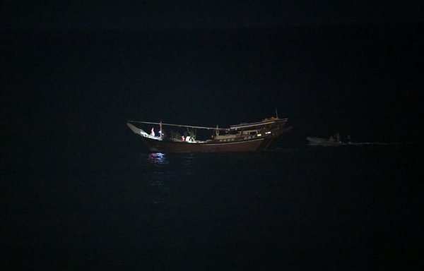 Military personnel from the guided missile cruiser USS Normandy boarded a dhow in the Arabian Sea on February 9th that was heading for Yemen and seized weapons that are assessed to have been destined for the Houthis. [US Naval Forces Central Command]