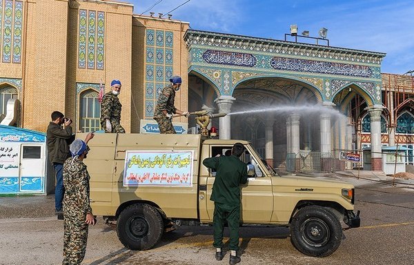 The IRGC cleans areas in the city of Qom as part of its 'Campaign Against Coronavirus'. Many Iranians are accusing the regime of mishandling the crisis. [Photo circulated online]