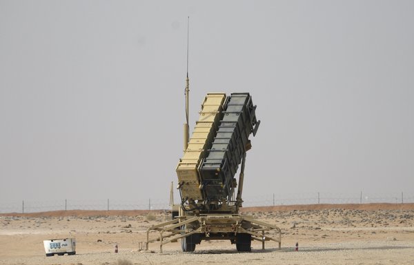 In this file photo taken February 20th, a Patriot missile battery is seen near Prince Sultan airbase at al-Kharj south of Riyadh. Saudi air defences intercepted ballistic missiles fired by the Houthis over Riyadh and Jizan on March 28th. [Andrew Caballero-Reynolds/POOL/AFP]