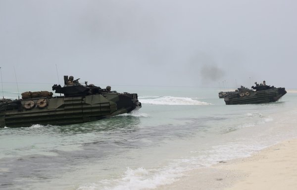 Amphibious military units are seen on the shores of a Saudi island during joint training with the US 5th Fleet. [US Central Command]