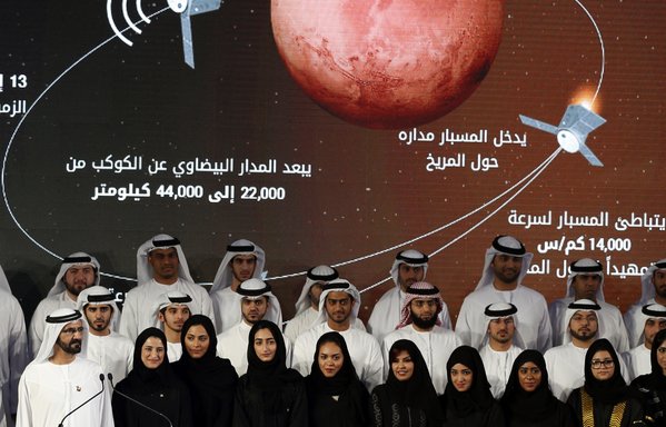 Sheikh Mohammed bin Rashid al-Maktoum, Prime Minister of the UAE and ruler of Dubai (left) stands among engineers and scientists during a ceremony to unveil UAE's Mars Mission on May 6th, 2015 in Dubai. The UAE Mars Mission aims to provide a global picture of the Martian atmosphere through a probe named Al Amal to be launched in July 2020 to reach Mars in 2021, according to the engineers involved in the project. [Karim Sahib/AFP]