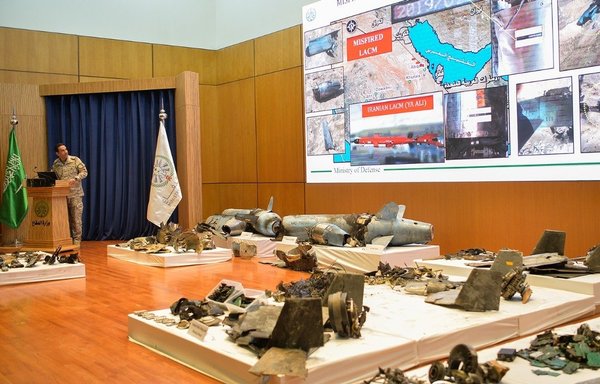 Remnants of the Iranian missiles that struck oil installations in Saudi Arabia are displayed at a Ministry of Defence press conference. [Photo courtesy of Saudi Ministry of Defence]